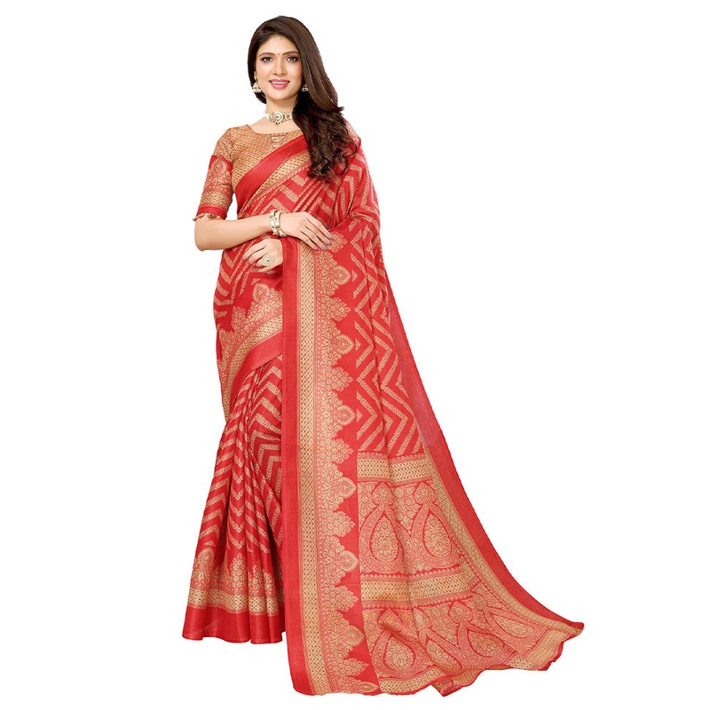 Red Dupion Silk Saree With Blouse Piece - JD986608342