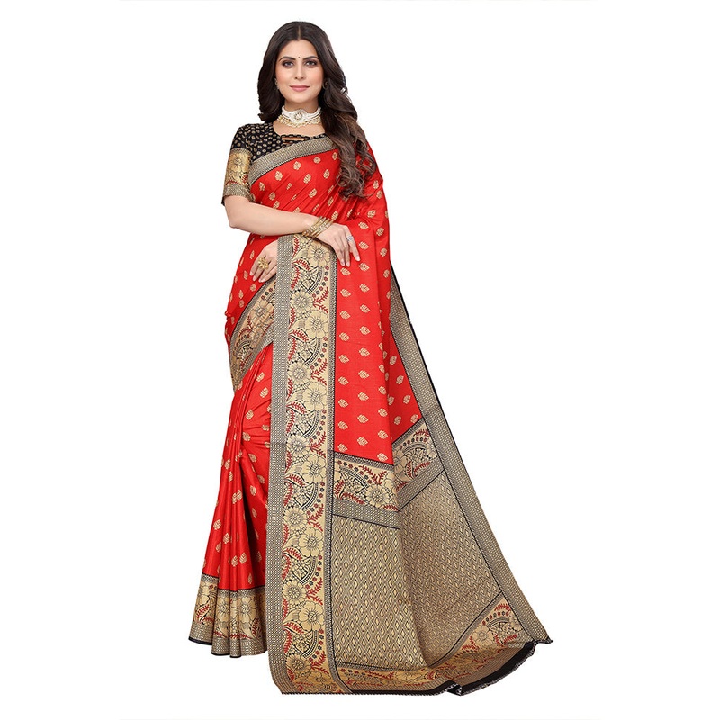 Red Dupion Silk Saree With Blouse Piece - JD986608343