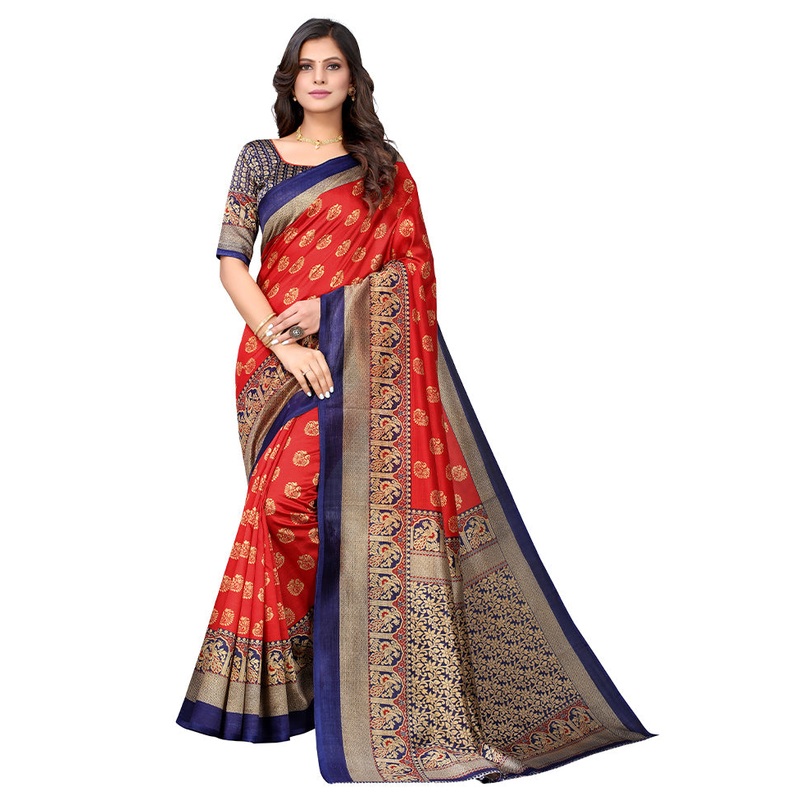Red Dupion Silk Saree With Blouse Piece - JD986608344