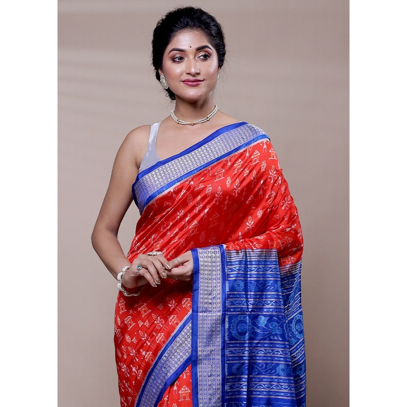 Red Handloom Patola Pure Silk Saree With Blouse Piece - JD986608261