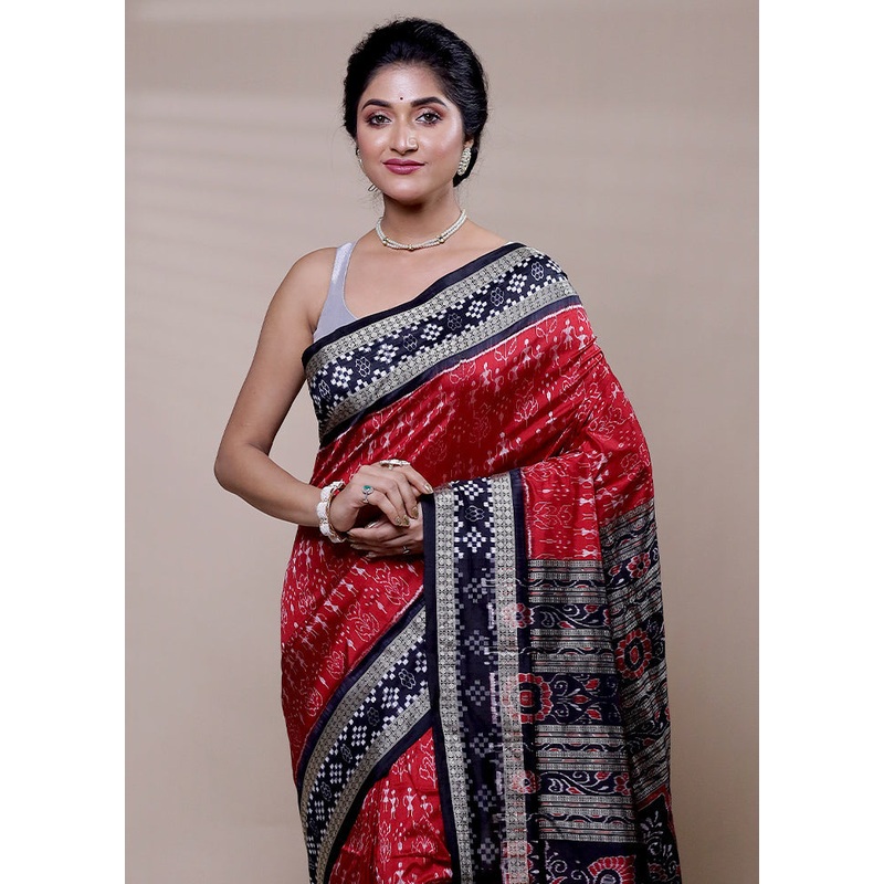 Red Handloom Patola Pure Silk Saree With Blouse Piece - JD986608262