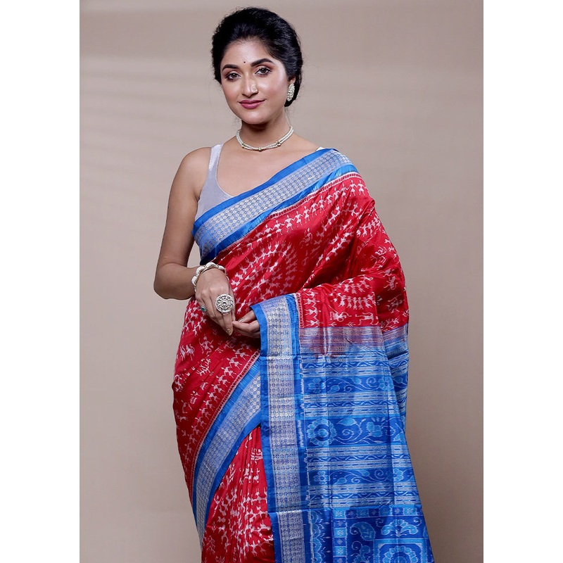 Red Handloom Patola Pure Silk Saree With Blouse Piece - JD986608263