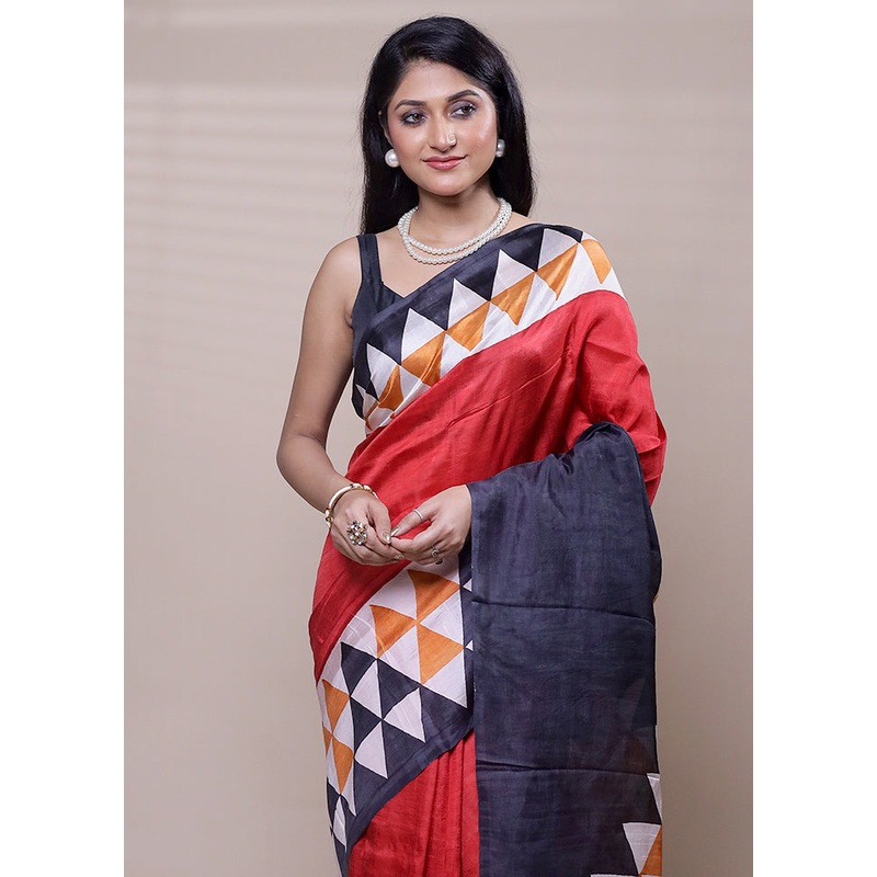 Red Printed Pure Silk Saree Without Blouse Piece - JD986608260