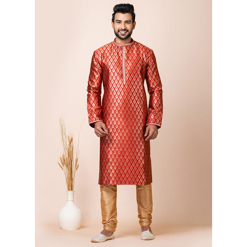 Red Silk Full Sleeves Mandarin Collar Kurta And Pajama Set - JD986608225