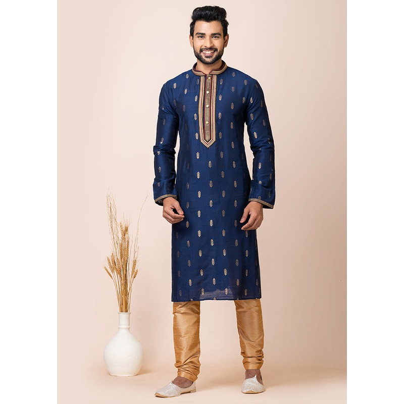 Royal Blue Cotton Full Sleeves Mandarin Collar Kurta And Pajama Set - JD986608223