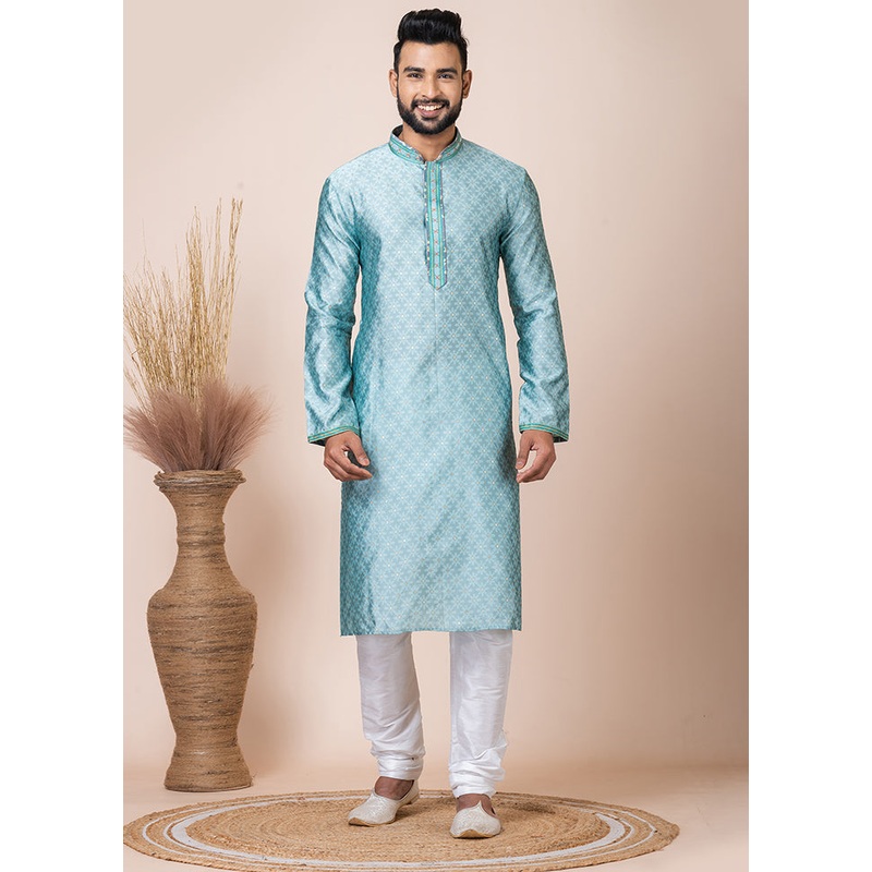 Sea Green Silk Full Sleeves Mandarin Collar Kurta And Pajama Set - JD986608222