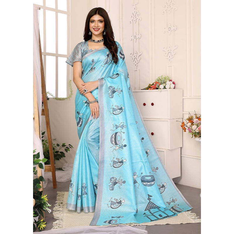 Sky Blue Dupion Silk Saree With Blouse Piece - JD986608336