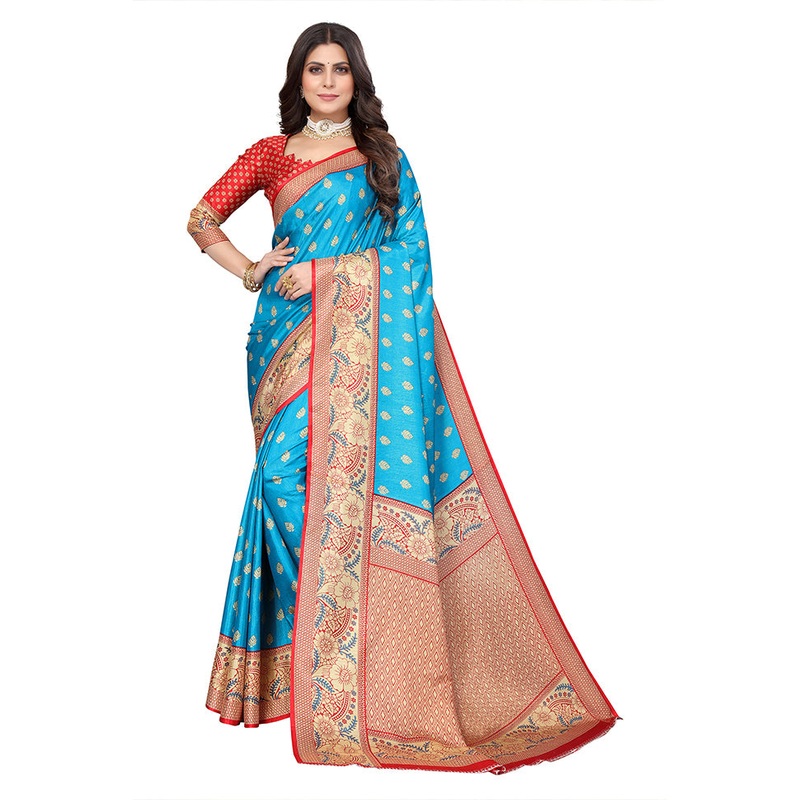 Sky Blue Dupion Silk Saree With Blouse Piece - JD986608337