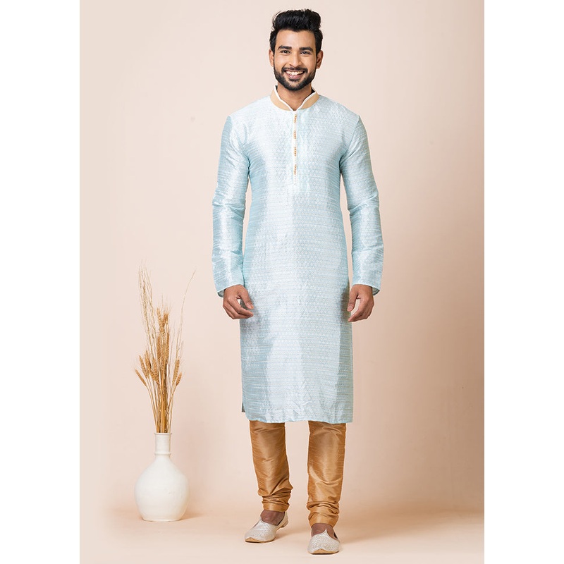 Sky Blue Silk Full Sleeves Mandarin Collar Kurta And Pajama Set - JD986608221