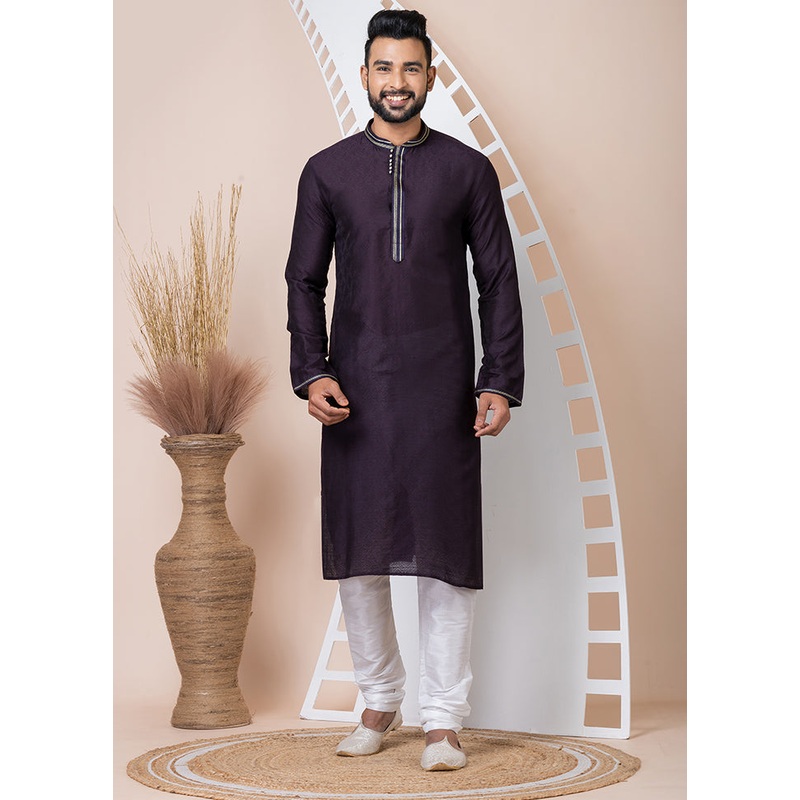 Violet Silk Full Sleeves Mandarin Collar Kurta And Pajama Set - JD986608220