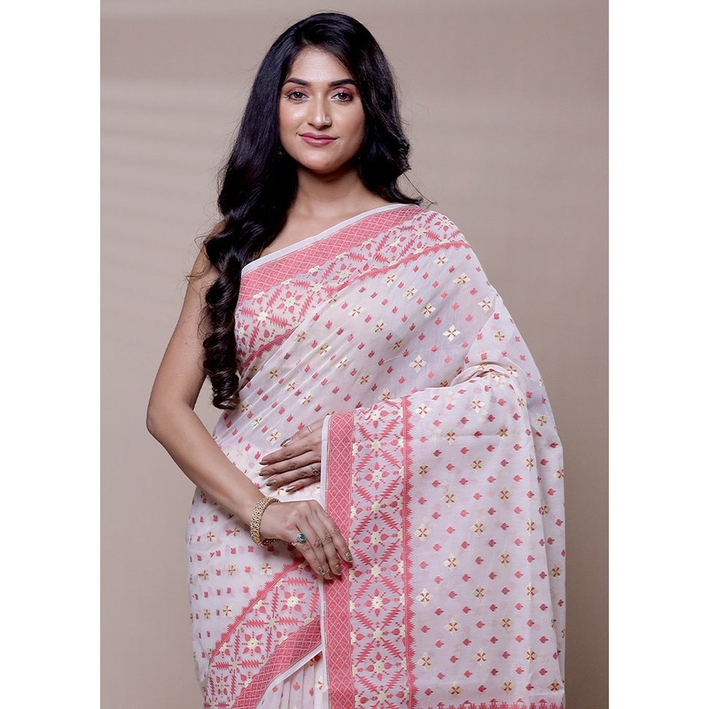 White Pure Cotton Saree With Blouse Piece - JD986608258