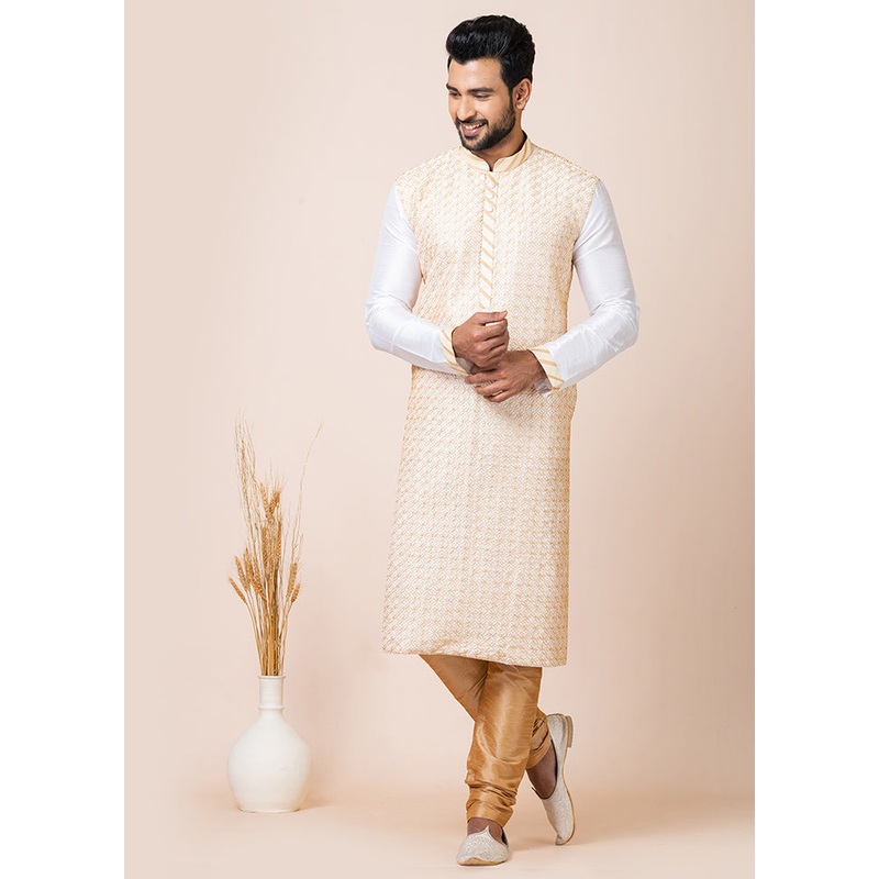 White Silk Full Sleeves Mandarin Collar Kurta And Pajama Set - JD986608219