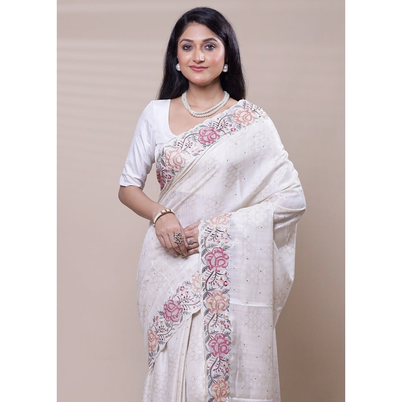 White Tussar Silk Saree With Blouse Piece - JD986608257