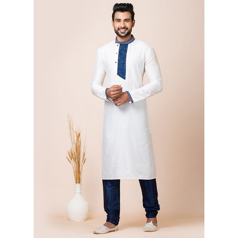 White Viscose Full Sleeves Mandarin Collar Kurta And Pajama Set - JD986608218
