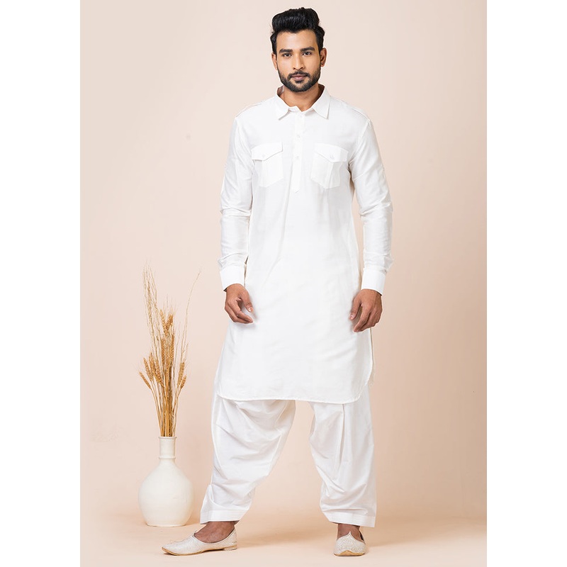 White Viscose Full Sleeves Mandarin Collar Pathani Kurta And Pajama Set - JD986608217