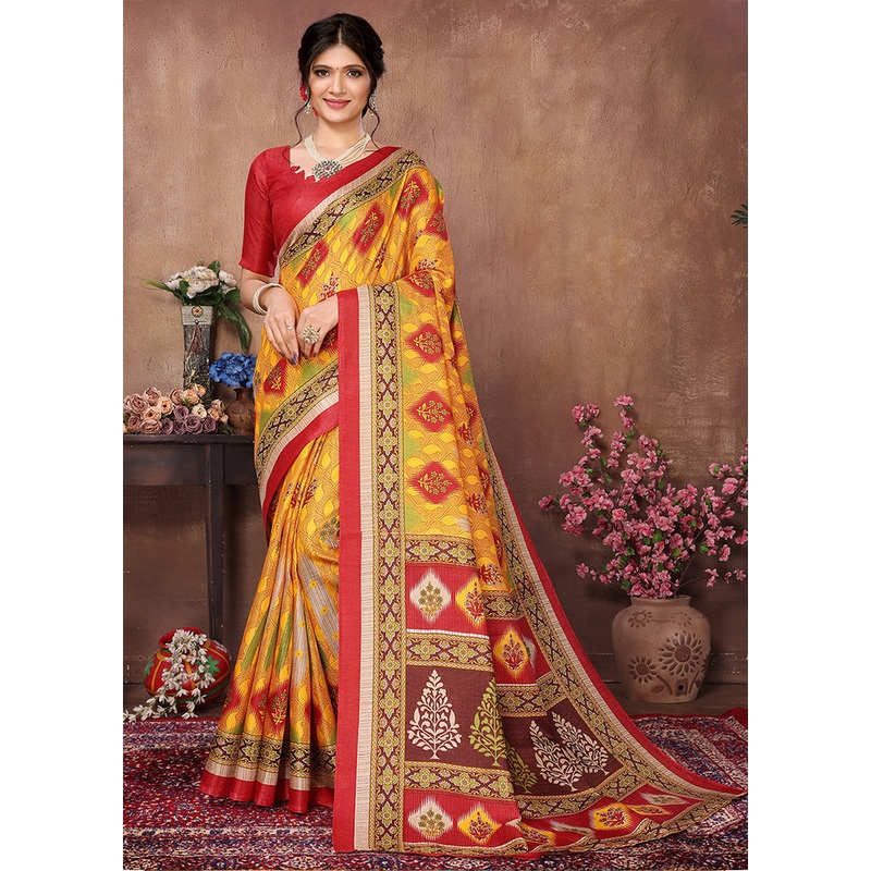 Yellow Dupion Silk Saree With Blouse Piece - JD986608331