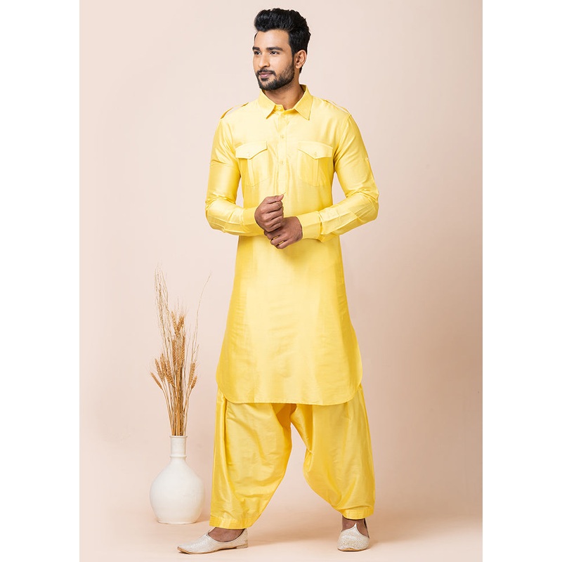 Yellow Viscose Full Sleeves Mandarin Collar Pathani Kurta And Pajama Set - JD986608215