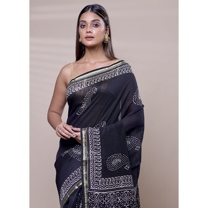 Black Chanderi Cotton Saree With Blouse Piece - JD986608108