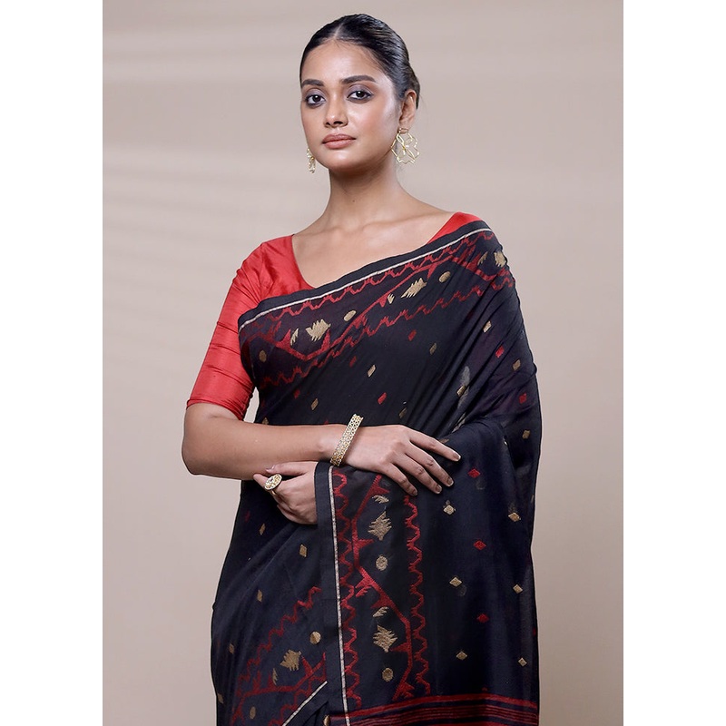 Black Cotton Saree With Blouse Piece - JD986608105