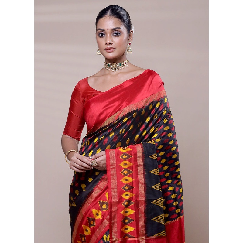 Black Handloom Ikkat Pure Silk Saree With Blouse Piece - JD986608107
