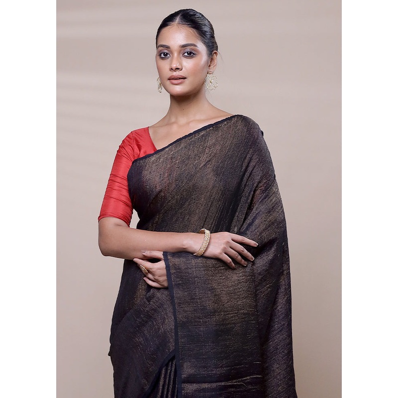 Black Handloom Linen Pure Silk Saree With Blouse Piece - JD986608106