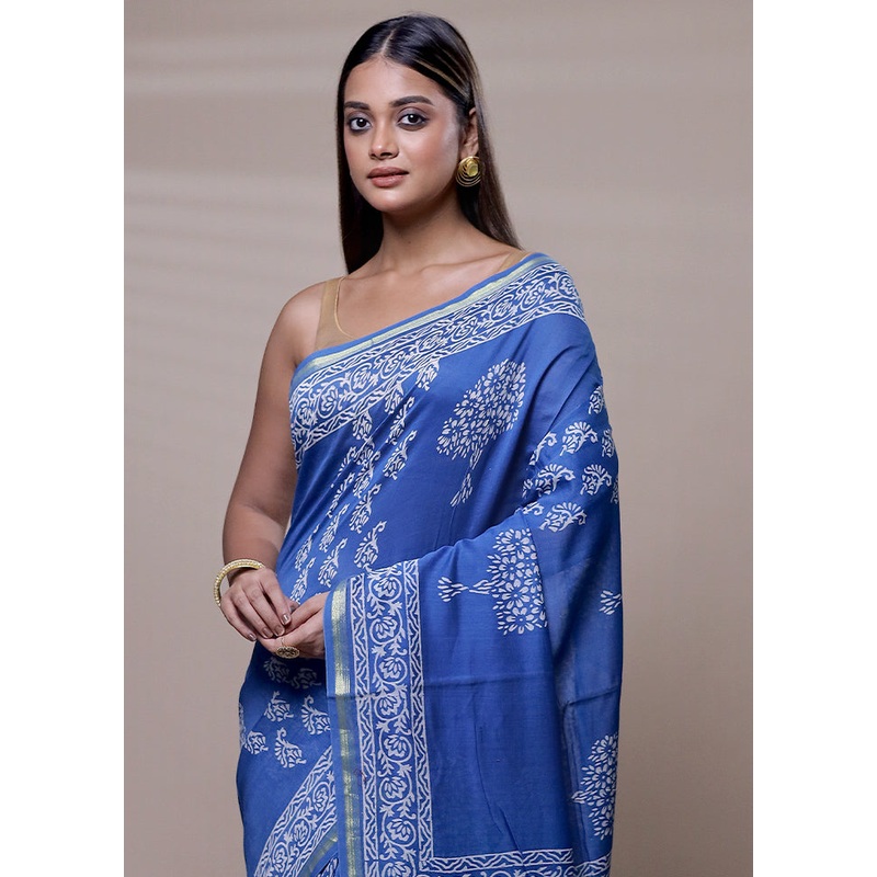 Blue Chanderi Cotton Saree With Blouse Piece - JD986608104