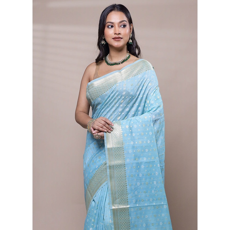 Blue Cotton Saree With Blouse Piece - JD986608102