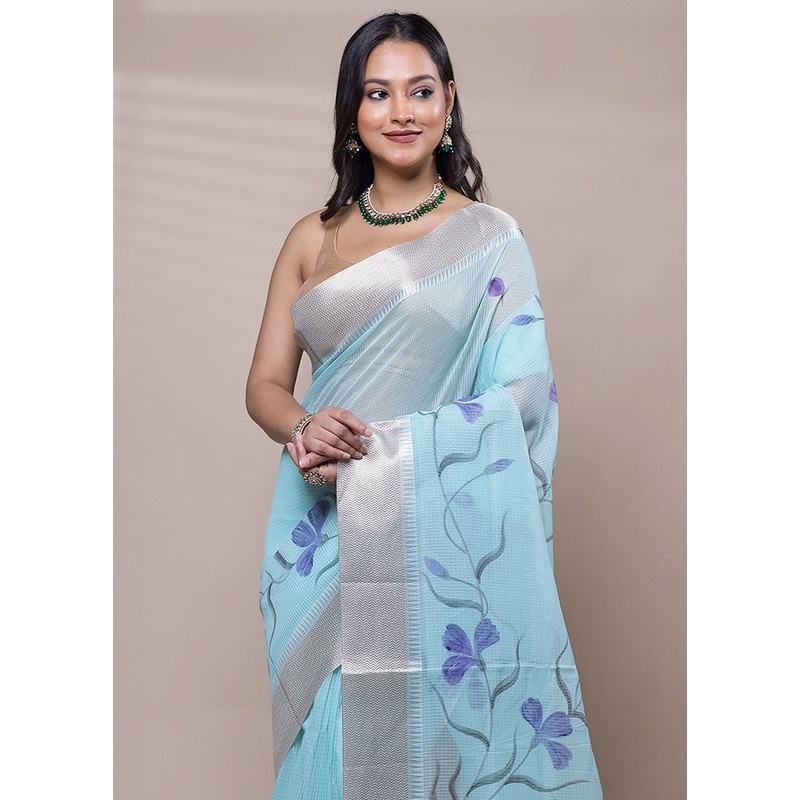Blue Cotton Saree With Blouse Piece - JD986608103