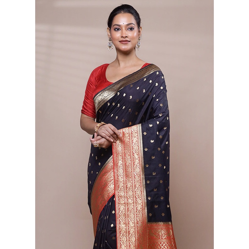 Blue Dupion Silk Saree With Blouse Piece - JD986608099