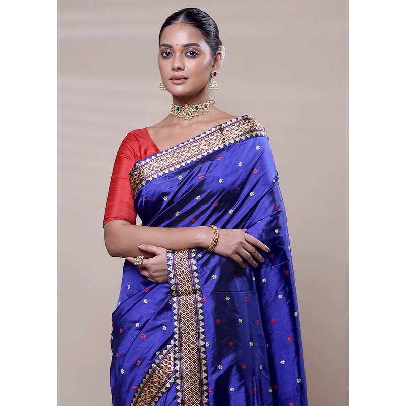 Blue Handloom Assam Pure Silk Saree With Blouse Piece - JD986608098