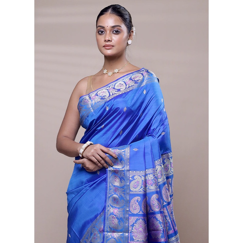Blue Handloom Baluchari Pure Silk Saree With Blouse Piece - JD986608097