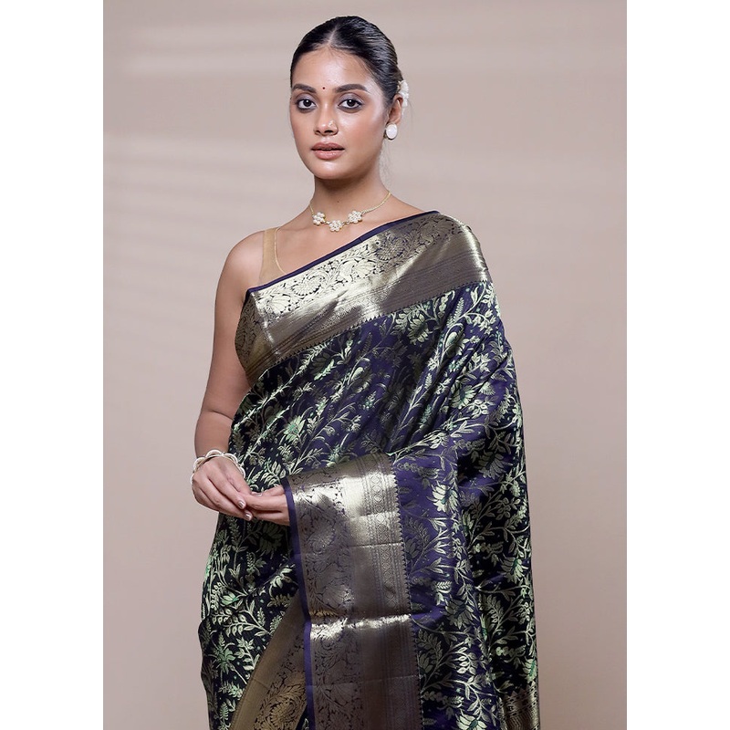 Blue Handloom Kanchipuram Pure Silk Saree With Blouse Piece - JD986608096