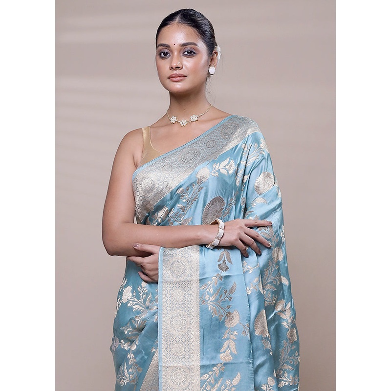 Blue Handloom Pure Georgette Saree With Blouse Piece - JD986608093