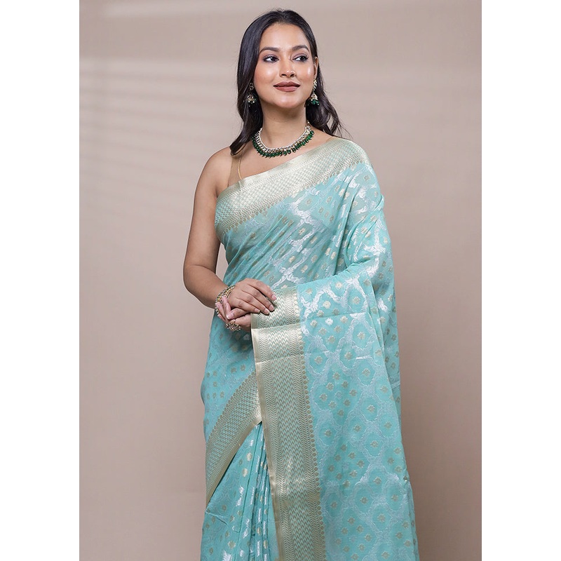 Blue Kora Silk Saree With Blouse Piece - JD986608090