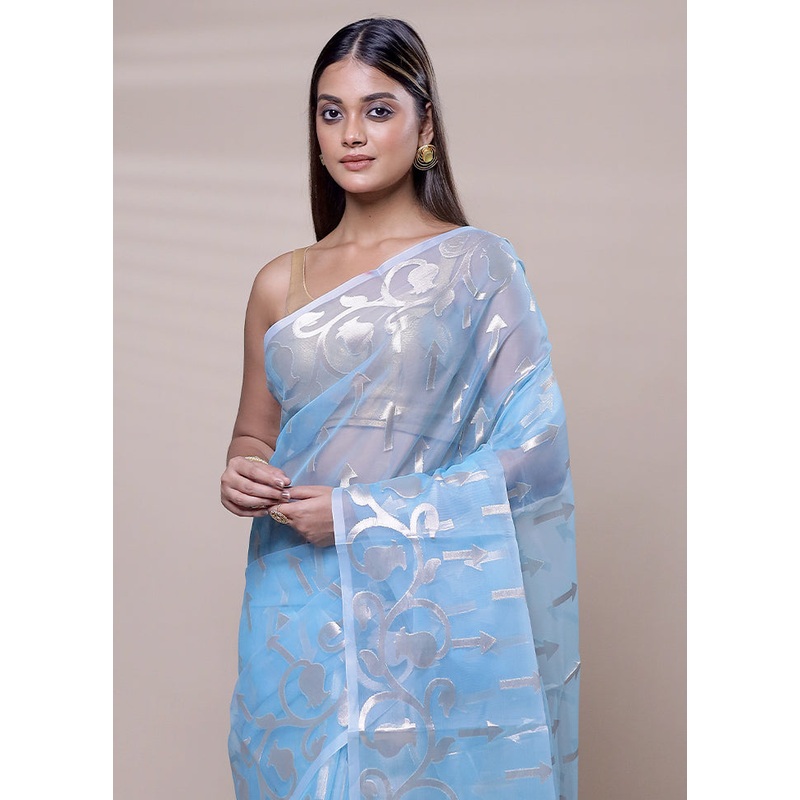 Blue Organza Saree With Blouse Piece - JD986608089