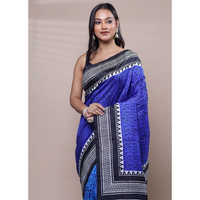 Blue Printed Pure Silk Saree Without Blouse Piece - JD986608088