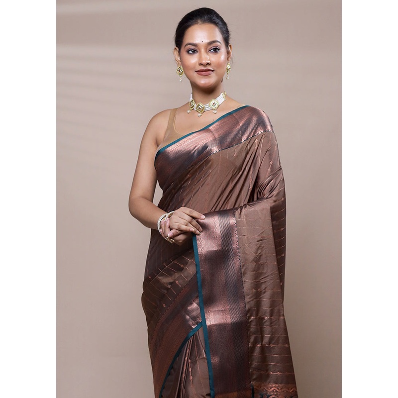 Brown Kanjivaram Silk Saree With Blouse Piece - JD986608087