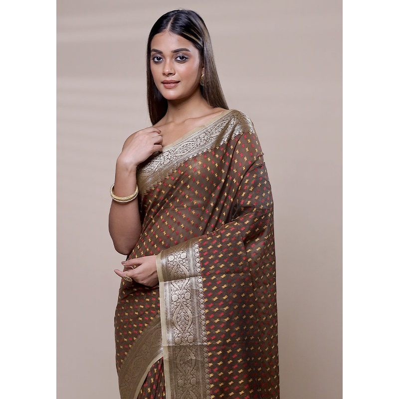 Brown Kora Silk Saree With Blouse Piece - JD986608086