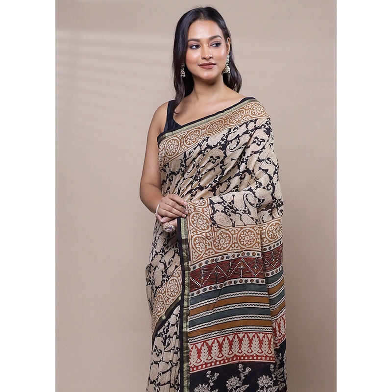 Cream Chanderi Cotton Saree With Blouse Piece - JD986608085