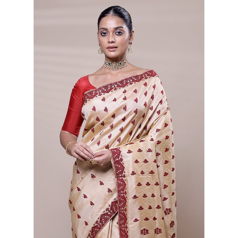 Cream Handloom Assam Pure Silk Saree With Blouse Piece - JD986608084