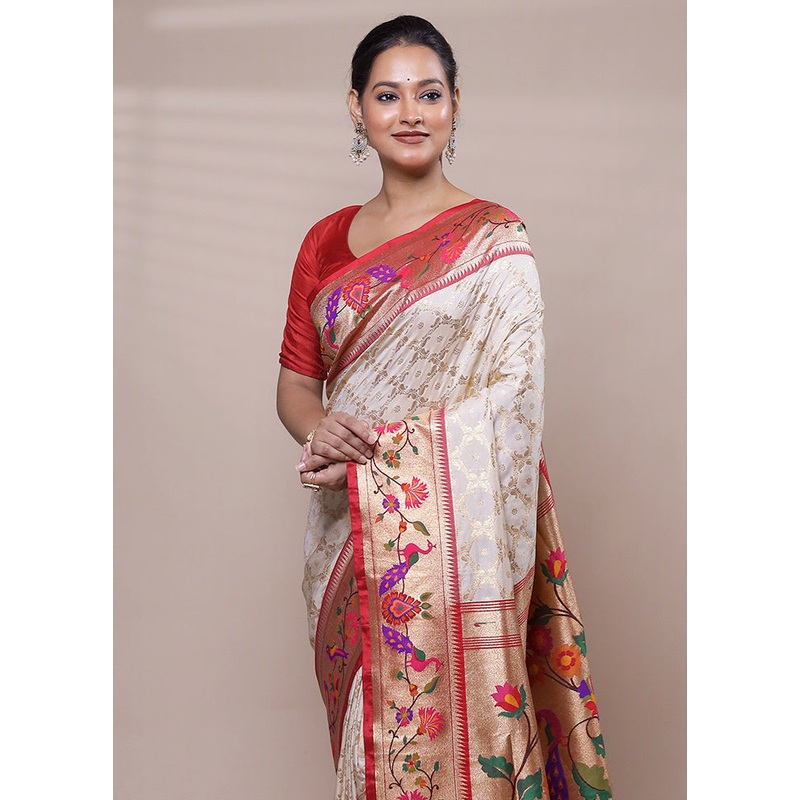 Cream Handloom Uppada Pure Silk Saree With Blouse Piece - JD986608083