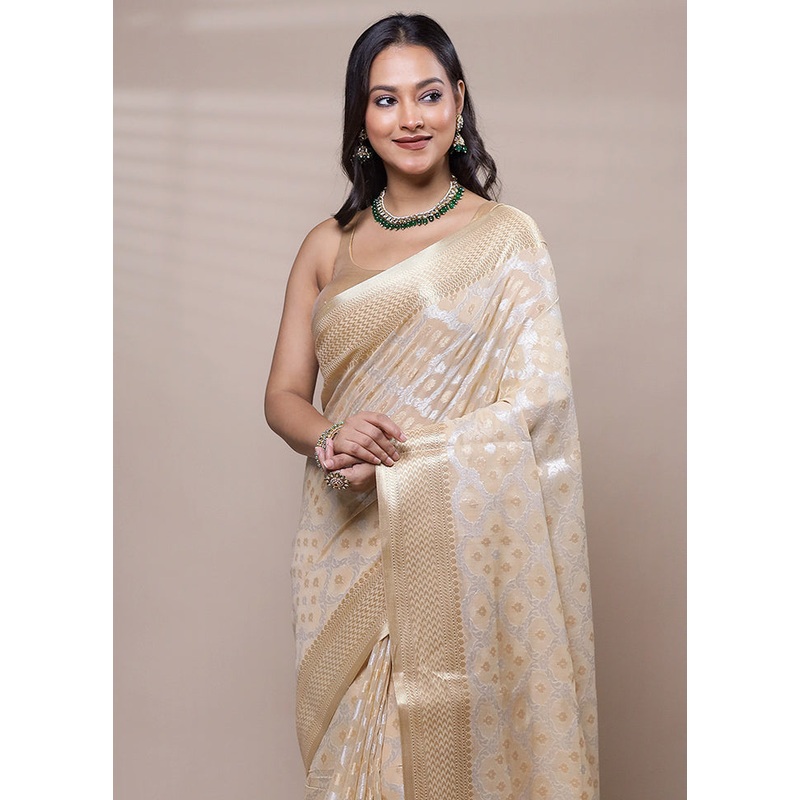 Cream Kora Silk Saree With Blouse Piece - JD986608082