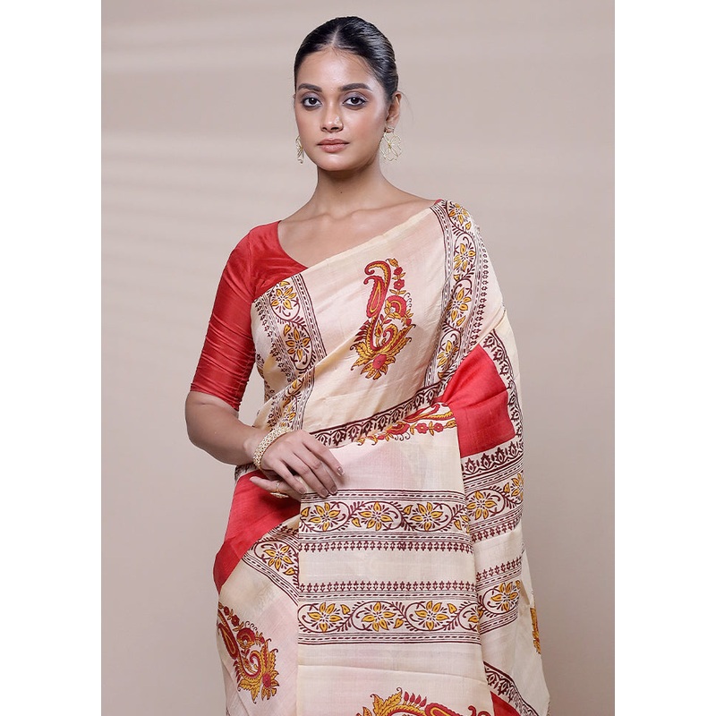 Cream Printed Pure Silk Saree Without Blouse Piece - JD986608081