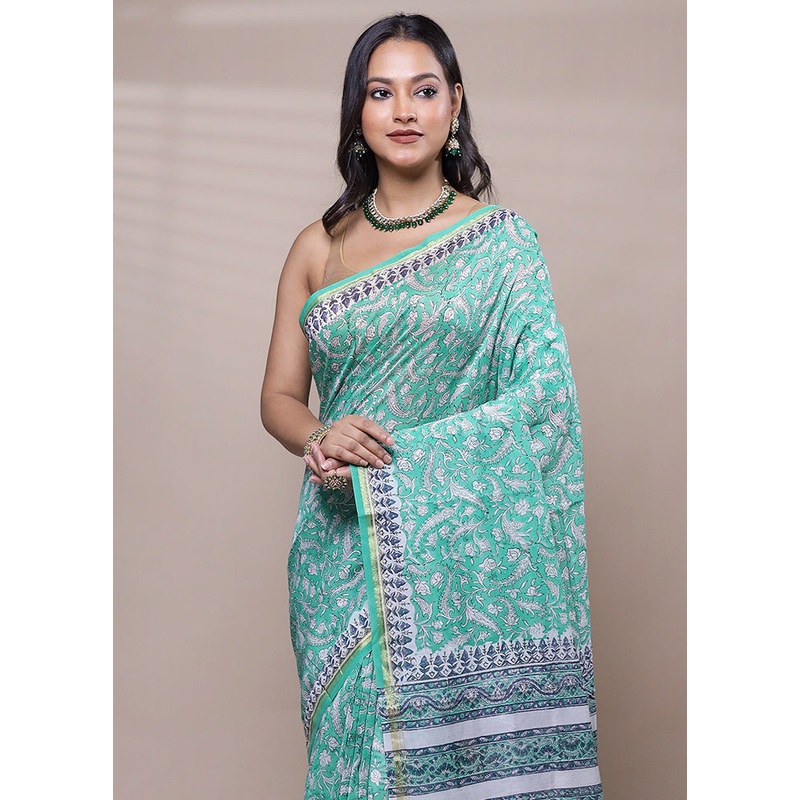 Green Chanderi Cotton Saree With Blouse Piece - JD986608077