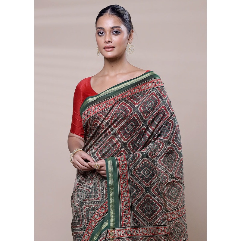 Green Chanderi Cotton Saree With Blouse Piece - JD986608078