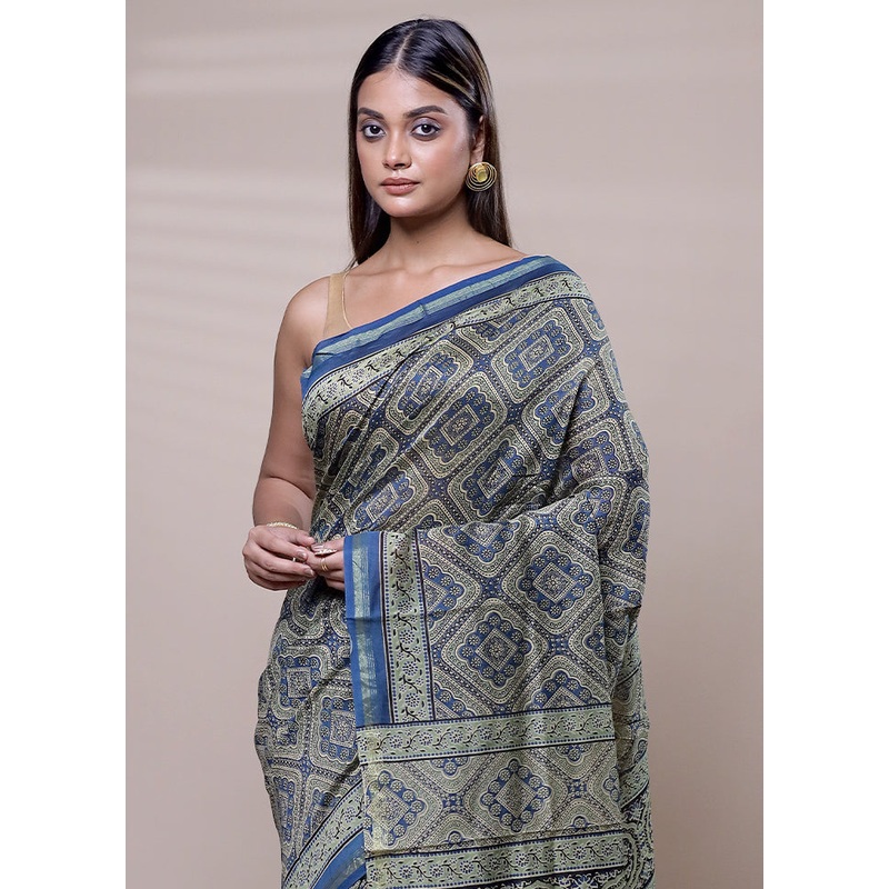 Green Chanderi Cotton Saree With Blouse Piece - JD986608079