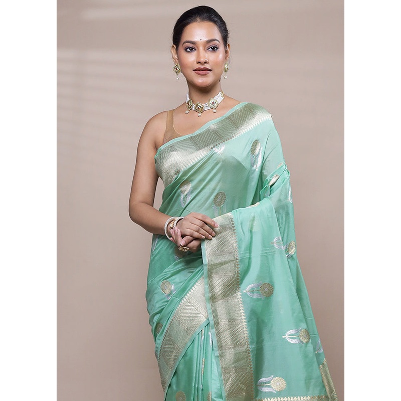 Green Dupion Silk Saree With Blouse Piece - JD986608074