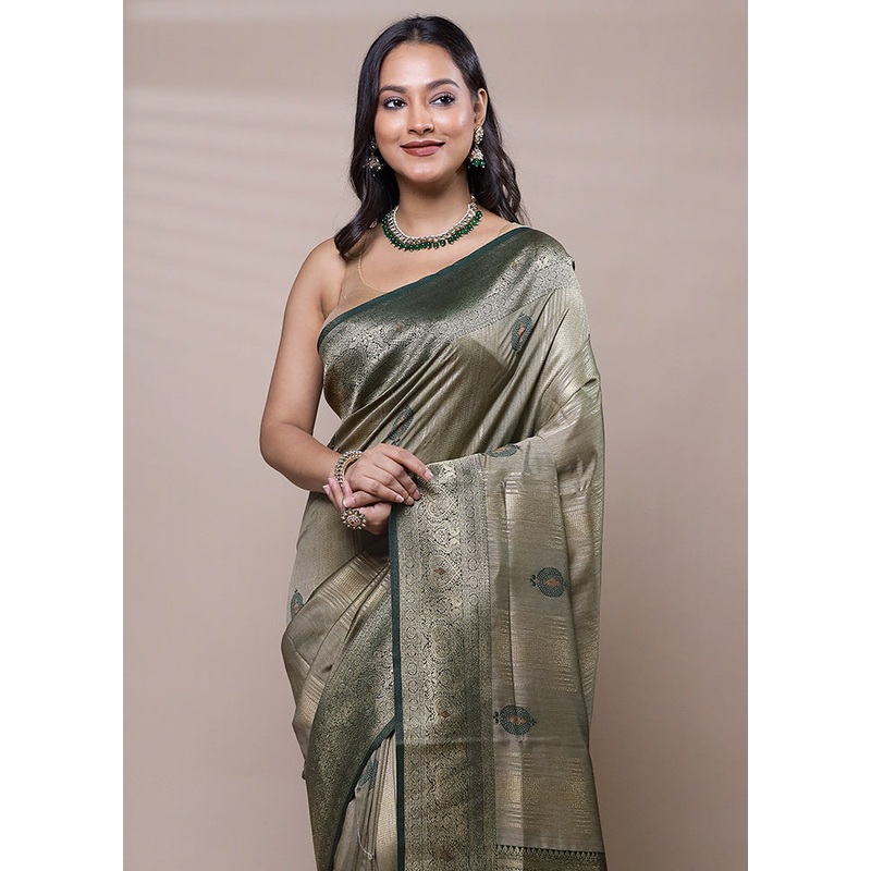 Green Dupion Silk Saree With Blouse Piece - JD986608075