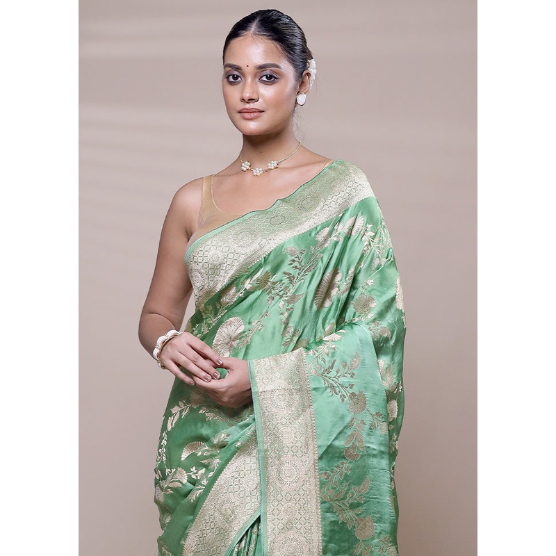 Green Handloom Pure Georgette Saree With Blouse Piece - JD986608073