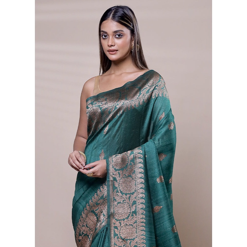 Green Handloom Tussar Pure Silk Saree With Blouse Piece - JD986608072
